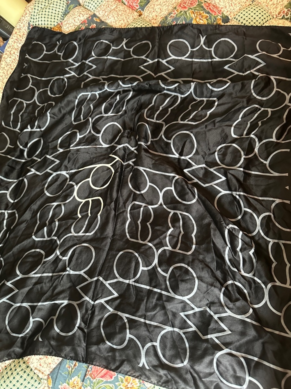 C—Black Silk Scarf with White Geometric Chain Print
